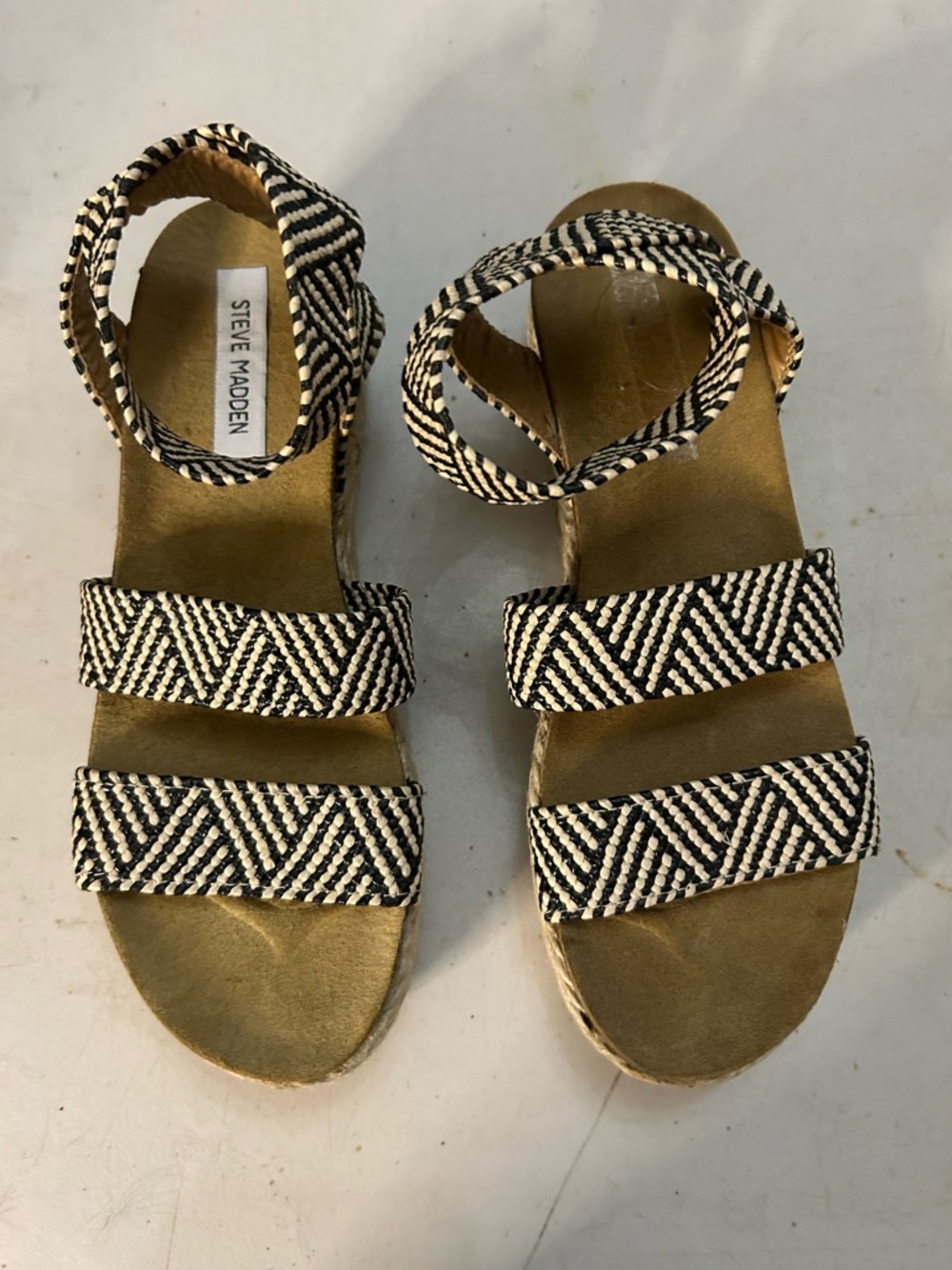 Steve Madden Black and White Woven Ankle-Strap Espadrille Sandals
